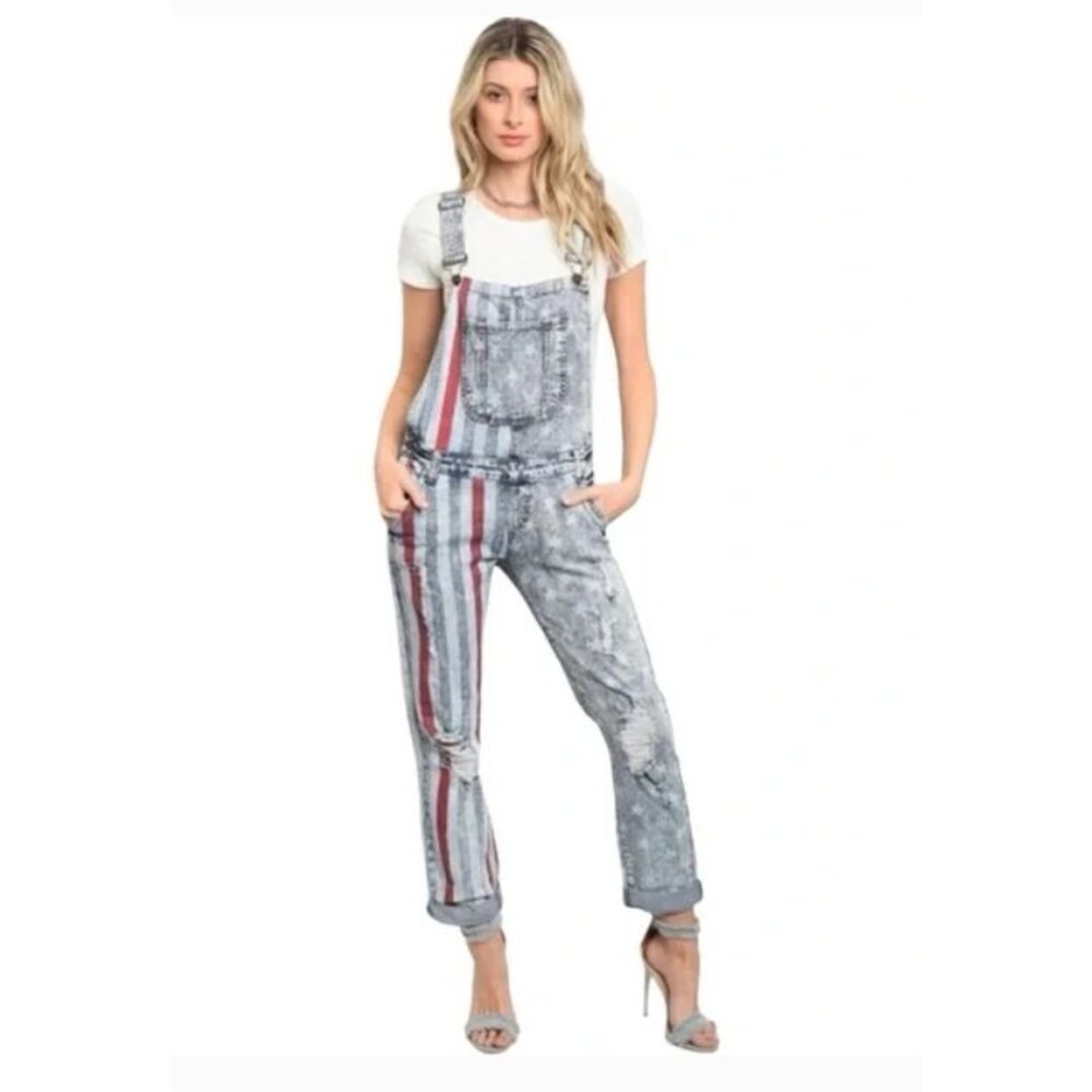 Machine Nouvelle Mode Distressed Flag Denim Overalls Actual Size Waist 30"x28"